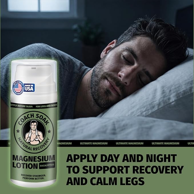 Coach Soak Magnesium Lotion with MSM & Menthol, Eucalyptus 3.4oz | Magnesium Chloride Non-Greasy Alternative to Epsom Salt Lotion and Cream - Apply Before Sleep for Feet, Leg Cramps & Body