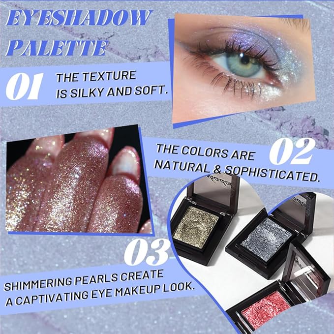 Blue Single Shimmer Glittle Eye shadow Palette Makeup, Single Shimmer Eyeshadow for Older Women, High Pigment Natural Sombras Crema Para Ojos, Talc, Paraben & Cruelty Free (07#Blue)