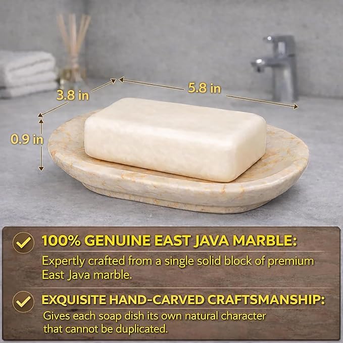 Creative Home Natural Champagne Marble Soap Dish for Bar Soap, Compact Beige Stone Soap Holder for Bathroom Sink and Shower Shelf, Solid Marble, 5.8 x 3.8 x 0.9 in