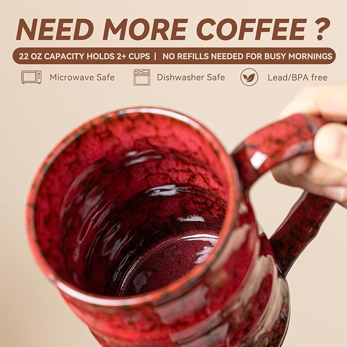 22oz Red Kiln-Change Ceramic Coffee Mug with Ergonomic Handle, 1340℃ High-Fire Unique Large Mug - Lead-Free, Microwave Safe, Great Gift for Valentine’s/Mother’s Day