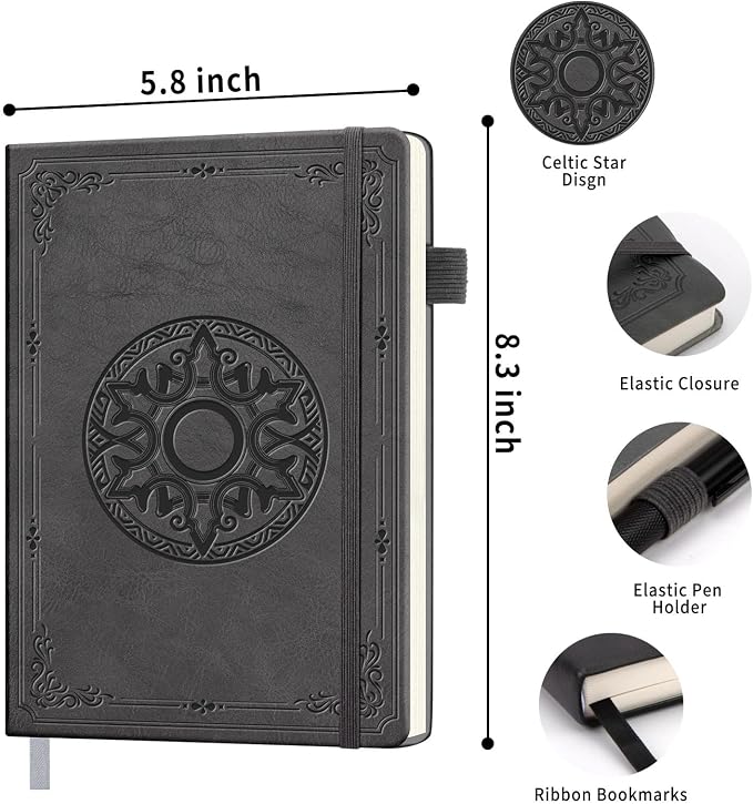 Lined Journal Notebook, A5 Leather Vintage Journals for Writing, 288 Pages College Ruled Notepad for Women Men, Vegan Leather Daily Notebook for Work, School, Travel, Note Taking(Celtic Star, Grey)