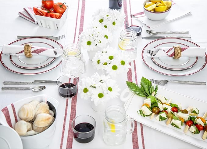 Solino Home French Stripe Linen Napkins Set of 4 - Burgundy and White 100% Pure Linen Cloth Dinner Napkins 20 x 20 Inch