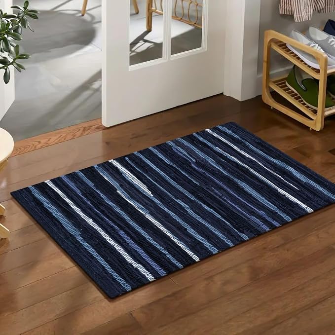 WeWove Hand Woven Chindi Rug Cotton - Boho Rustic Farmhouse Area Accent Throw Rug - Area Floor Carpet for Bedroom Living Room Kitchen Dorm Entryway Hallway - 20x32 inch Area Rug Blue Multi