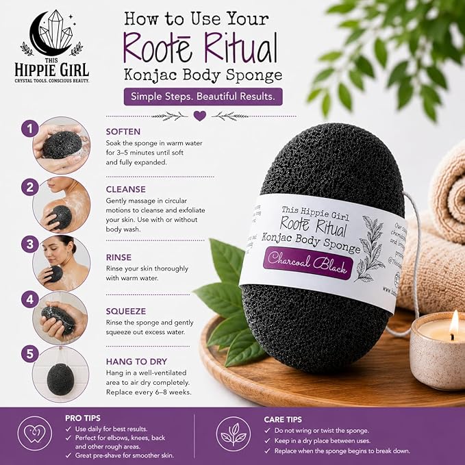 Roote Ritual Konjac Body Sponge – 100% Natural Exfoliating Shower Sponge for Sensitive Skin – Gently Deep Cleanses & Softens, Earth-Friendly, Biodegradable, Vegan – for Women, Men (Charcoal Black)