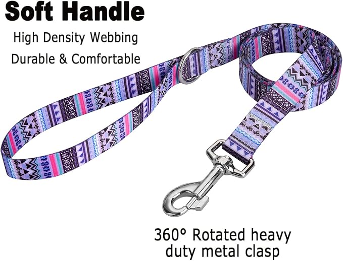 MarukoPet Dog Collar and Leash Set, Adjustable for Small Medium Large Dogs Puppy, Cute Design with Bohemia Floral Tribal Geometric Patterns Boys Girls Dog Collar(Purple Bohemia Set,S)