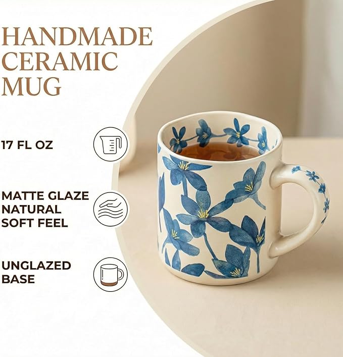 Ceramic Mugs for Men & Women, Unique Microwave & Dishwasher Safe Tea/Coffee Rustic Stoneware Cups for Office & Home (Blue Straight Flower Mug)