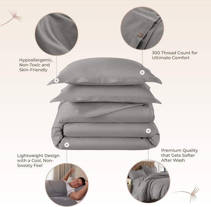100% Organic Cotton Duvet Cover Queen Size - Naturally Soft Lightweight & Cooling Duvet Cover Set with Decorative Shams - Premium GOTS Certified 300 Thread Count Sateen Weave (Stone, Queen)