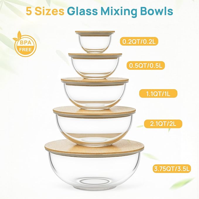Vtopmart 4 Pack Glass Containers and 5 Pack Glass Mixing Bowls with Bamboo Lids