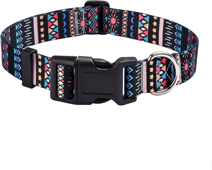 Mihqy Dog Collar with Bohemia Floral Tribal Geometric Patterns - Soft Ethnic Style Collar Adjustable for Small Medium Large Dogs(Black Bohemia,L)