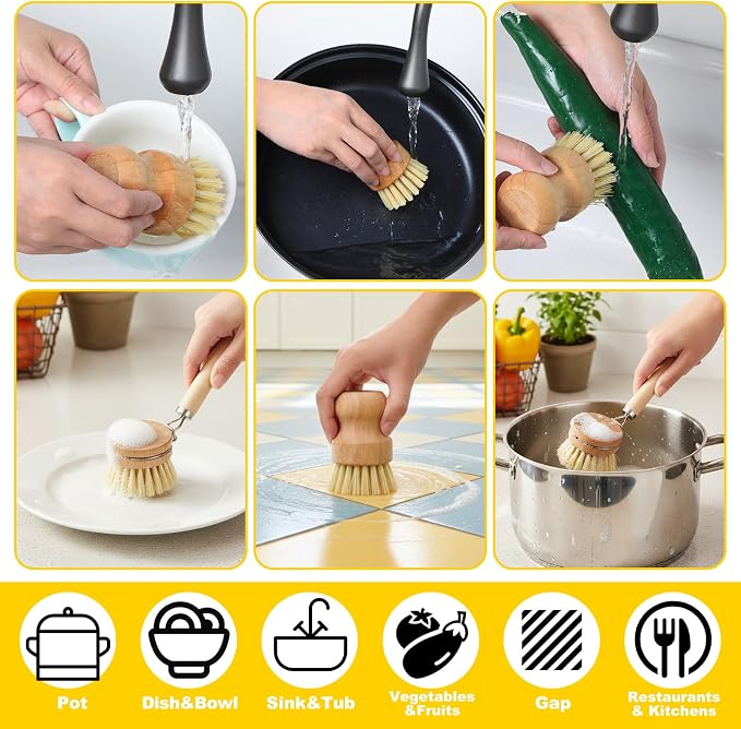 9 Pcs Bamboo Dish Brush Set, Multifunctional Dishwashing Scrubber with Natural Sisal Bristles, Wooden Dish Brush for Cleaning Pots, Dishes, Pans, Vegetables