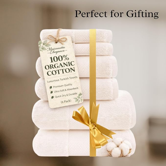 Maisonette Elegance 100% Organic Cotton Turkish Bathroom Towel Set, Soft & Absorbent, Ideal Quick Dry Luxury Hand, Large Luxury Bath Towels & Washcloths for Shower (6 Pack), Light Beige (Natural)