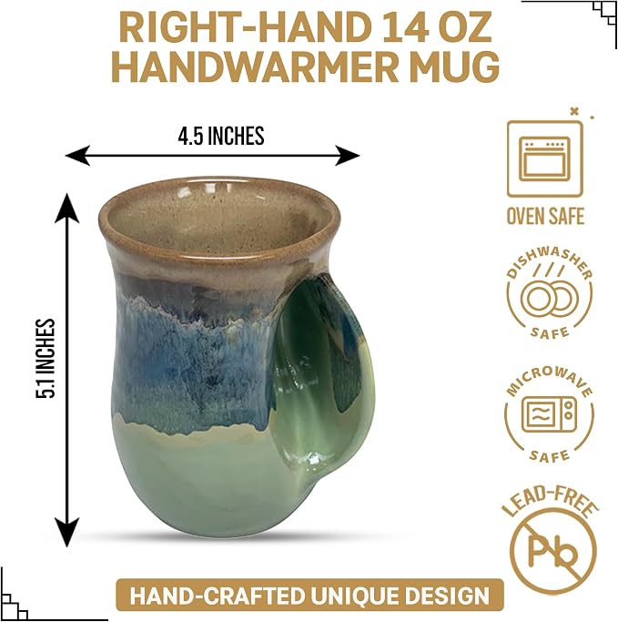 Clay in Motion Hand Warmer Coffee Mug – Handmade Coffee Mug With Comfortable Handle Contoured Pocket Hand Warming Ceramic Coffee Mug – Proudly Made in USA – Right Handed – 14 Oz - Mountain Meadows