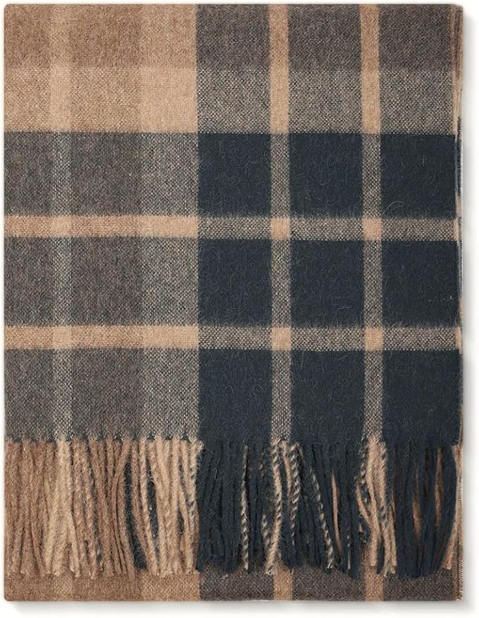 Superfine Alpaca Wool Throw Blanket - Lightweight Alpaca Merino Wool Throw Blankets | Soft Peruvian Alpaca Blanket Wool Blanket Scottish Design 70" x 60" (Dark Forest Green/Camel/Beige)