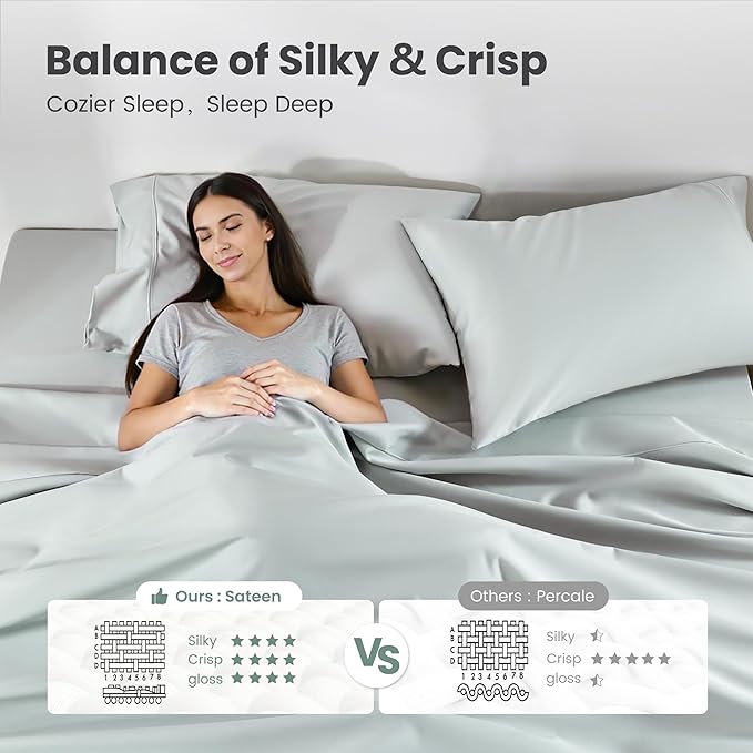 Sophia & William 1000 Thread Count Egyptian Cotton Sheets Full Size, 100 Percent Cotton Sheets Sateen Weave, 16" Deep Pockets, All-Season 4 Piece Silky Sheet - Smoky Grey
