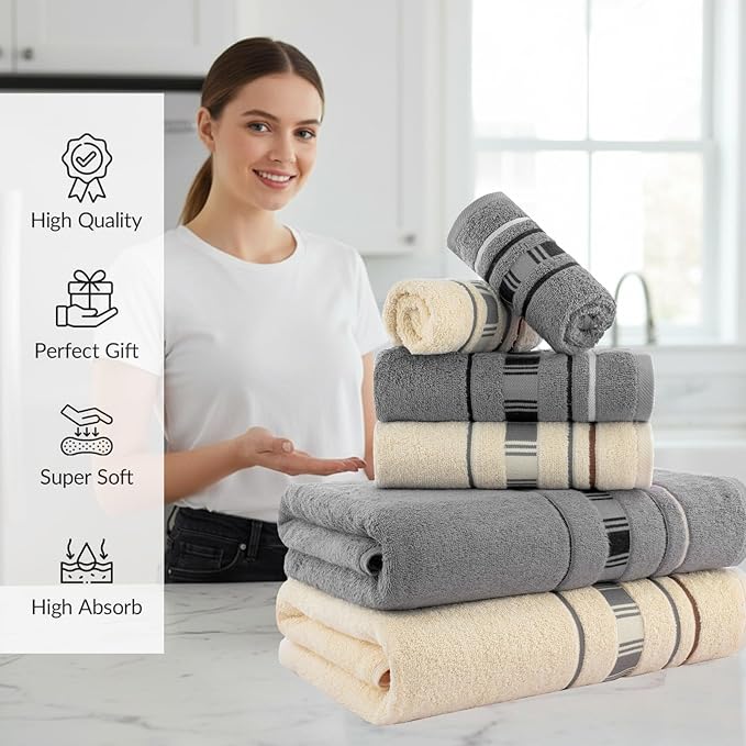 CASA COPENHAGEN X Line 6Pcs 100% Egyptian Cotton Large Designer Towels Gift Set- Grey - Cream, 600 GSM, 2Bath 2Hand 2Washcloths, Bath Towels for Bathroom Set for Women & Men
