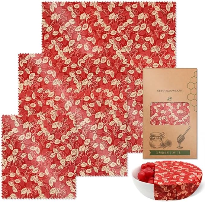 Beeswax Wraps Red Leaf 3 PCS Set Christmas Packaging for Food, Eco-Friendly Beeswax Food Wrap, Organic, Sustainable, Biodegradable