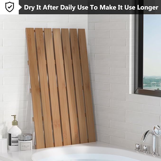Domax Wooden Bamboo Bath Shower Mat- Non-Slip Waterproof Large Bathroom Floor Mat for Indoor Outdoor (Walnut, 31.3 x 18.1 x 1.5 Inches)