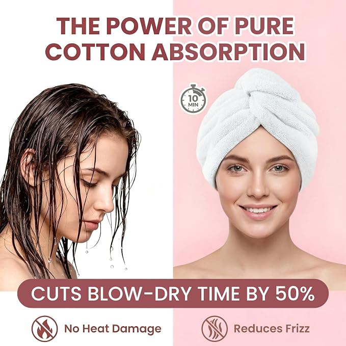 Mandydov 100% Cotton Hair Towel Wrap for Women, 2 Pack Thickened & Super Absorbent Turbans, Anti Frizz Quick Dry Hair Towels (White, Blush)