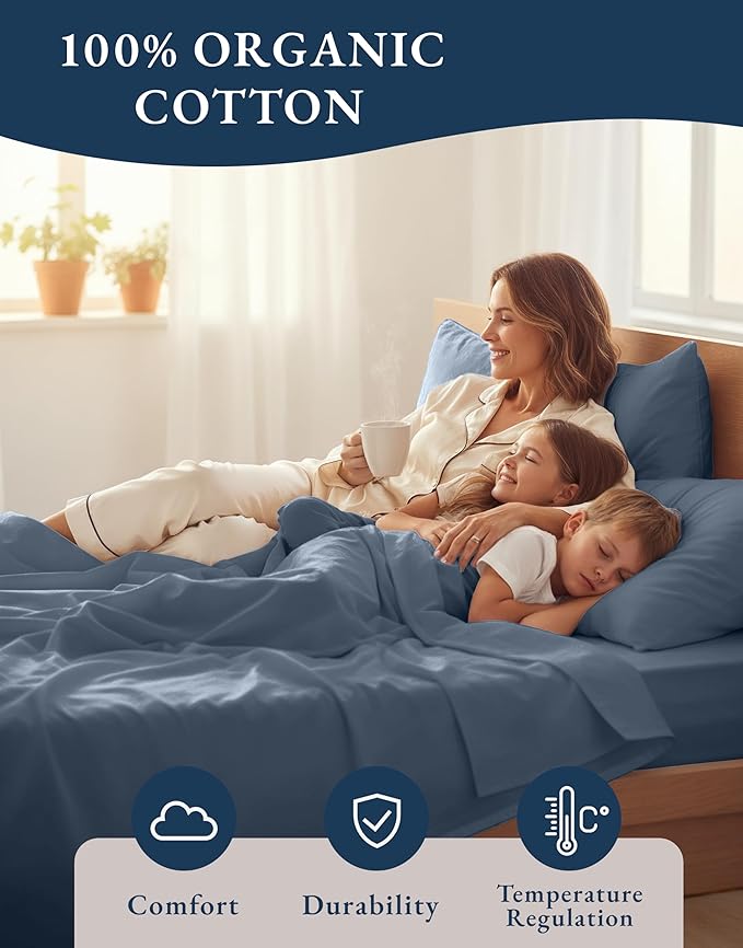 LANE LINEN Eco Friendly 100% Organic Cotton Fully Elasticized Full Sheet Set, Low Pilling Fade Resistant Machine Washable Naturally Cooling Full Bed Sheets, Soft & Comfy Cotton Bedding - Estate Blue