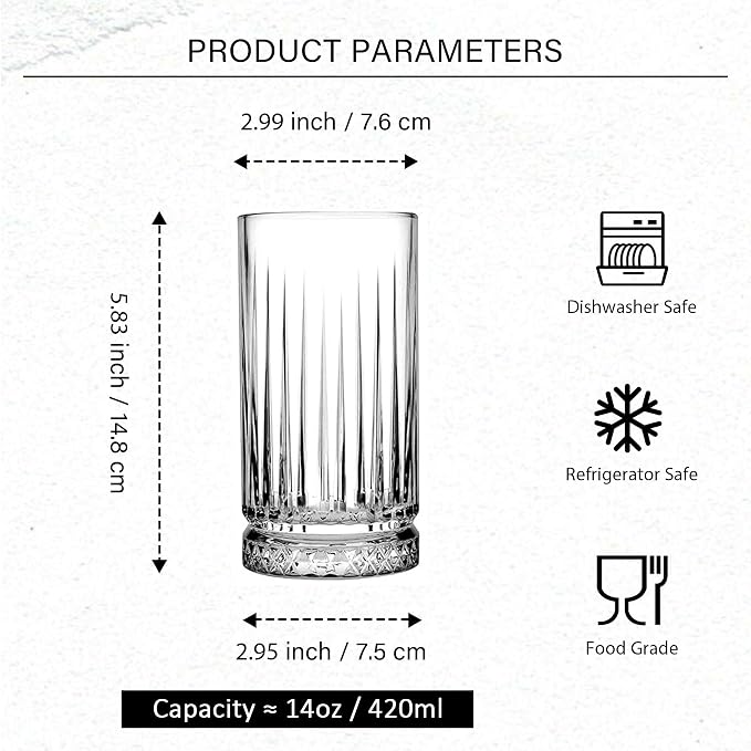 Highball Glasses Set of 6-14 oz Tall Glasses Drinking Set - Elegant Glassware Drinking Glasses for Water, Ice Coffee, Cocktail, Cold Beverage