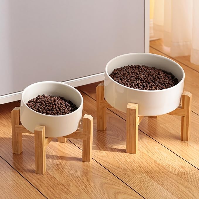 Elevated/Raised 15°Tilted Anti Slip Ceramic Dog Bowl for Small/Medium Breeds,Slanted Bulldog Big Face Pet Food Water Feeding Dish with Stand for Cats and Dogs (3.6 Cups/28 OZ) Beige