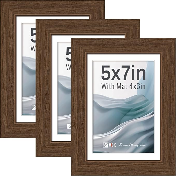 VCK 5x7 Picture Frames Brown 3 Pack, Wide Border Wood, Tempered Glass, Display 4x6 Photo with Mat or 5 x 7 without, for Home, Office, Gallery, Woodgrain Series, Tabletop & Wall Hanging