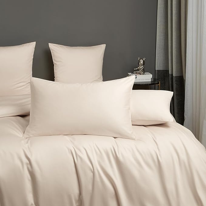 Cream Cotton Duvet Cover Set Twin 100% Long-Staple Cotton Sateen Bedding Set, Soft Breathable Smooth Organic Pure Cotton Plain Comforter Cover, Luxury Minimalist Bedroom Decor for All Season