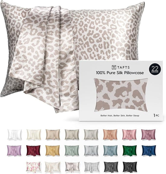 TAFTS 22mm 100% Pure Mulberry 6A Silk Pillowcase for Hair & Skin with Envelope Closure, Cooling, Natural, Organic, Double Sided Silk Pillow Case (Leopard, King Size, 20"x36")