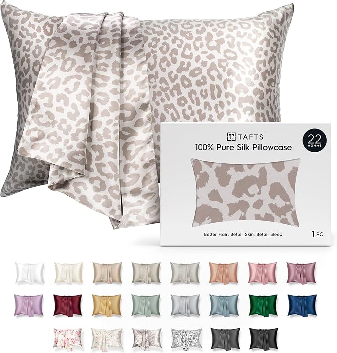 TAFTS 22mm 100% Pure Mulberry 6A Silk Pillowcase for Hair & Skin with Zipper Closure, Cooling, Natural, Organic, Double Sided Silk Pillow Case (Leopard, Queen Size, 20"x30")