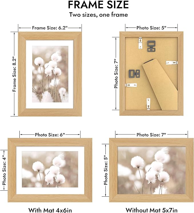 Hongkee 5x7 Oak Wood Picture Frame 1 Pack(Matted 4x6), Real Glass Cover | Natural, 5 x 7 Solid Wood Frame for Wall or Tabletop Display - Includes Easel Back, Vertical Hang - Ideal for Home, Office