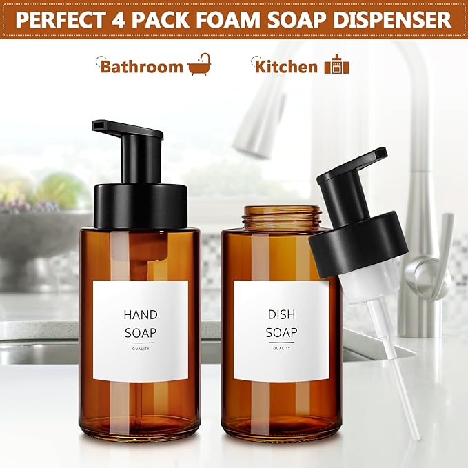 RYTOXILO Amber Foam Soap Dispenser, 10 oz/300ml Glass Foaming Soap Dispenser, 4 Pcs Foaming Hand Dispenser for Bathroom & Kitchen, Refillable Bottle with Waterproof Labels