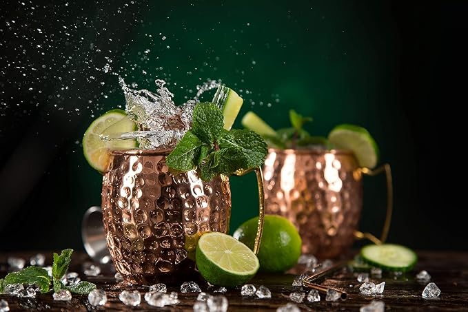 BOLD & DIVINE Copper Plated Moscow Mule Mugs Set of 2 | 18 Oz Hammered Cups with 304 Stainless Steel Lining and Gold Brass Handles | Bonus Copper Straws, Shot Glass & Cleaning Brush