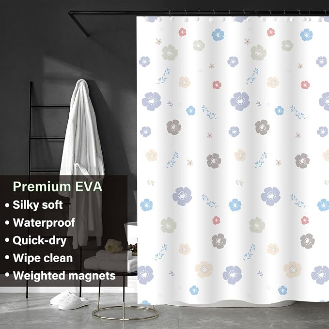 Plastic Shower Liner - Premium EVA 5G Shower Curtain Liner with Rustproof Grommets and 3 Weighted Magnets, Waterproof Shower Curtains for Bathroom (Cute Flower, 72" x 72")