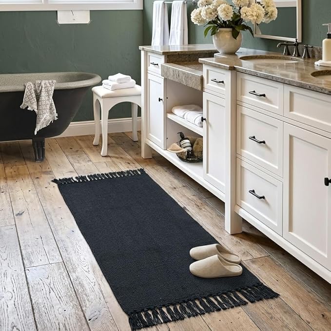Seavish Black Kitchen Rugs, 2x4 Washable Bathroom Rug Runner, Cotton Recycled Woven Area Rug, Boho Throw Rugs with Tassles, Braid Farmhouse Accent Carpet for Laundry Porch Entryway Front Door Mat