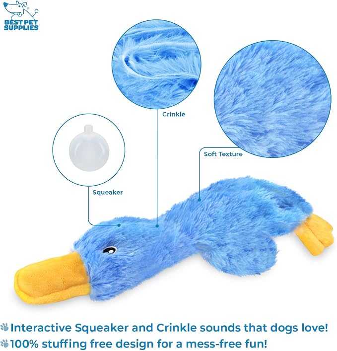 Best Pet Supplies Interactive Squeaky Dog Chew Toy, Ideal Dog Toys for Chewers, Small, Medium & Large Dogs, and Fetch Lovers - Crinkle Duck (Blue), Large