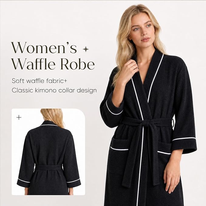 Inner Wish Women's Cotton Waffle Kimono Robe, Lightweight Quick Dry Spa Shower Robe with Pockets