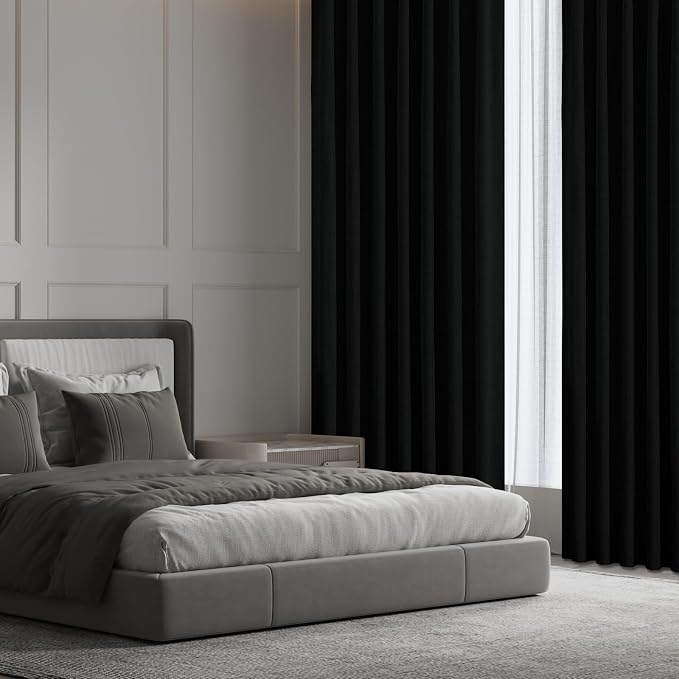 CUCRAF Linen 100% Blackout Curtains 90 Inch Length 2 Panels Set, Back Tab and Rod Pocket Curtain for Living Room Bedroom, Room Darkening Window Drapes Thermal Insulated, (52x90 inch, Black)