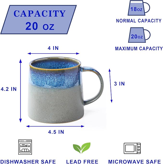 Large Ceramic Coffee Mugs, 20 oz Handmade Pottery Mug, Big Tea Cups with Handle for Office and Home, Dishwasher and Microwave Safe (Blue grey)