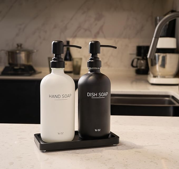 Black & White Soap Dispenser Set, Glass Soap Dispenser with Stainless Steel Pump & Tray, Farmhouse Hand Soap Dispenser & Dish Soap Dispenser for Bathroom Kitchen Sink (B & W hi)