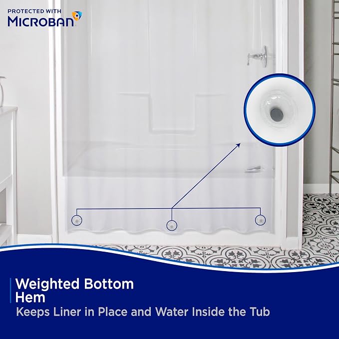 Kenney MB61122PK2 Microban Protected Lightweight 2.8 Gauge Waterproof PEVA Shower Curtain Liner with Durable Eyelet Hang Holes and Weighted Magnetic Hem for Bathroom, 70" W x 72" H, Clear, 2-Pack