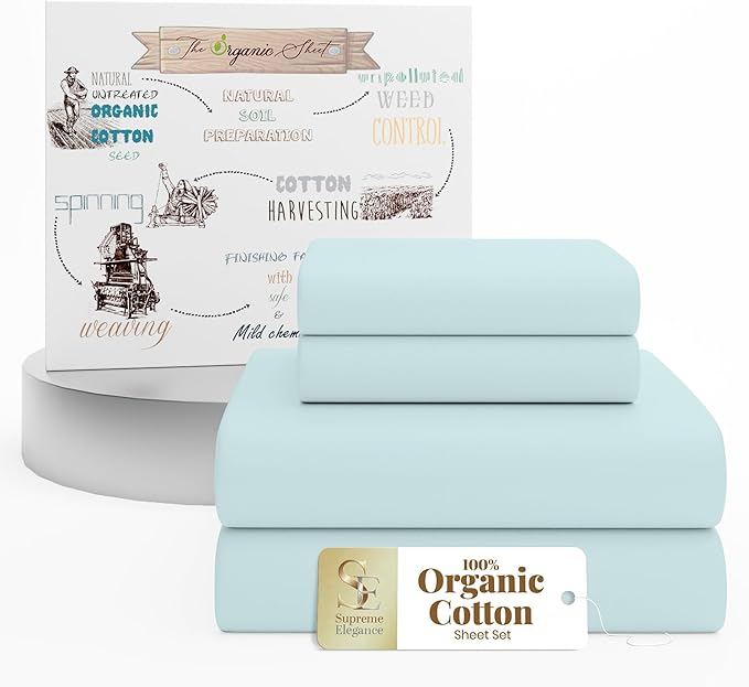 Supreme Elegance 4Pcs 100% Organic Cotton King Size Bed Sheets Set, Cooling Percale Weave for Hot Sleepers, Brushed for Softness, Crisp & Breathable Sheets Set, 16" Deep Pocket Fitted Sheet, Pale Aqua
