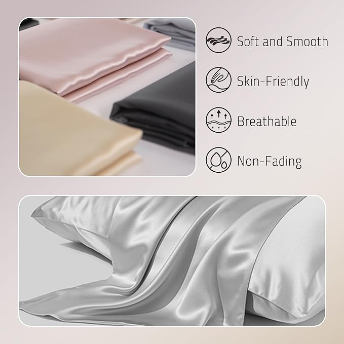 Gabire Mulberry Silk Pillow Cases Set of 2, Both Sides Real Silk Pillow Cover for Hair and Skin Prevent Acne Pillowcase Organic Silk Pillowcase 2 Pack with Hidden Zipper, Silver Grey, Queen (20"×30")