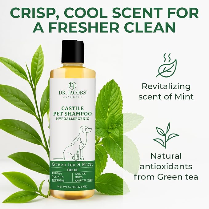 Dr. Jacobs Naturals Castile Pet Shampoo - Gentle Cat & Dog Wash w/Pure Castile Soap - Plant-Based Dog Shampoo w/Olive Oil, Coconut Oil, Shea Butter, Aloe Vera, Vitamin E - Green Tea & Mint