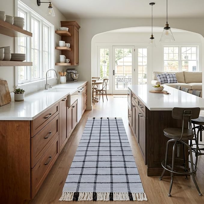 PEARL+CREEK Flenn Checkered Rug Runner Handwoven Cotton Washable 2x8ft, 1PC
