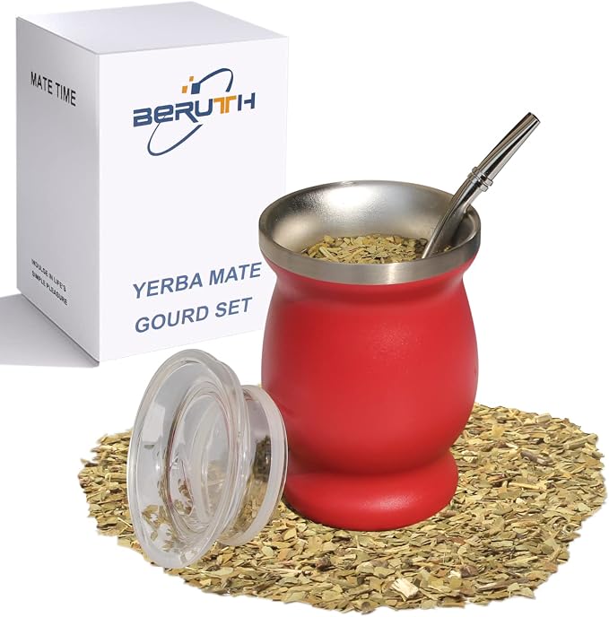 Beruth Bombilla Yerba Mate Gourd, 8oz Stainless Steel Tea Cup Set with a Multifunctional Lid, Two Straws and Cleaning Brushes, Double Walled Coffee Mug Heat Insulation Anti Scalding BR2303 (Red)