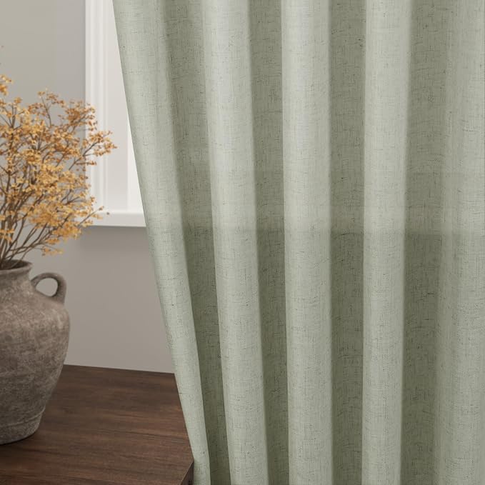 Sage Curtains 95 inches Long 2 panels for Living Room Back Tab Rod Pocket Semi Sheer Linen Draperies Muted Neutral Sage Green Room Decor Earth Tone Pale Green Curtains for Nursery Bedroom Office