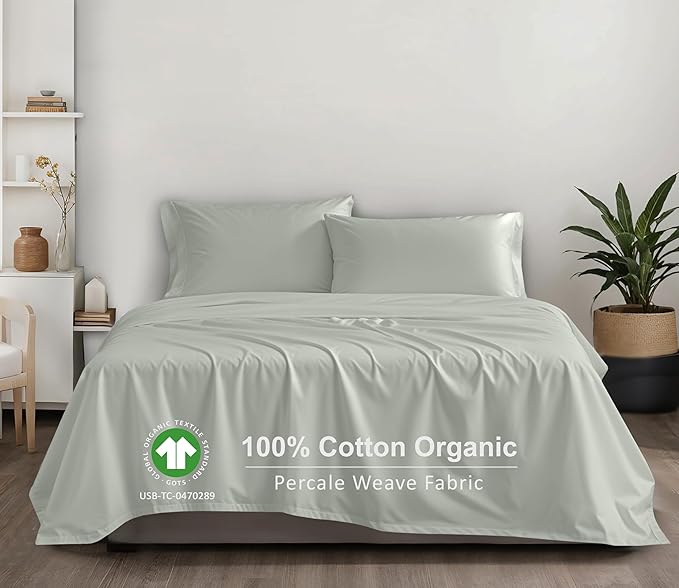 RUVANTI 100% Cotton Organic Percale Sheets Twin XL Size – Crisp Cooling Bed Sheets for Hot Sleepers, Deep Pocket 15”, Soft Peach Finish, Breathable & Durable Hotel-Style 3 Pcs, Mineral Gray