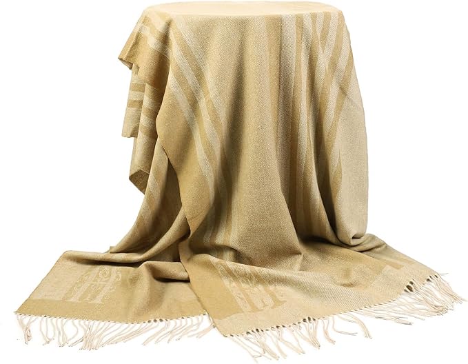 Pure Wool Jacquard Throw Blanket with Tassels, Large 55x83 inches, 1.5 lbs,Soft & Warm Lambswool Knee Throw Blanket for Couch Bed Outdoor Travel, Yellow Wool Throw
