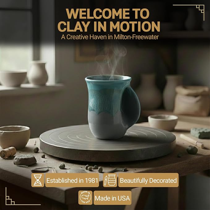 Clay in Motion Hand Warmer Coffee Mug – Handmade Coffee Mug With Comfortable Handle Contoured Pocket Hand Warming Ceramic Coffee Mug – Proudly Made in USA – Right Handed – 14 Oz - Riverstone