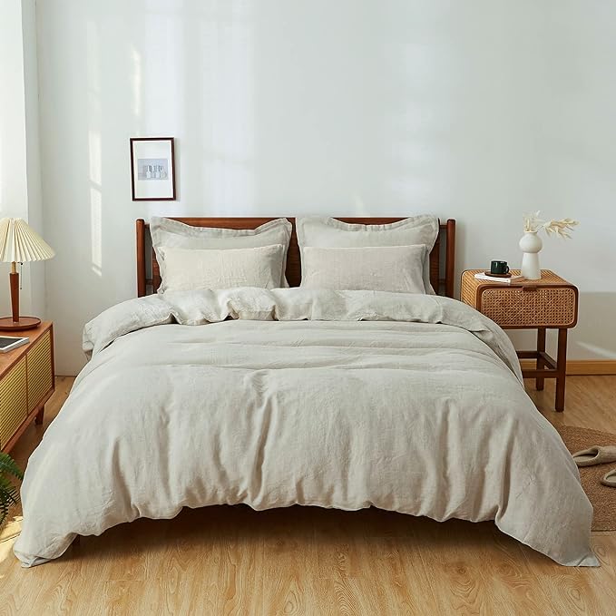 Simple&Opulence 100% Washed Linen Duvet Cover Set 5pcs(1 Duvet Cover& 2 Shams& 2 Pillowcases) Basic Style Natural French Flax Soft Breathable Farmhouse Bedding (King, Linen)